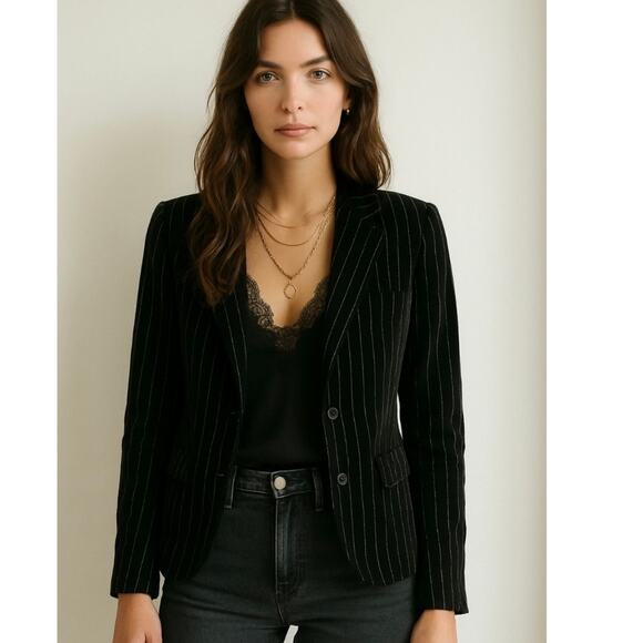 Y2K J crew Black Pinstriped Velvet Classic Preppy Fitted Blazer Size 8 - Picture 1 of 6